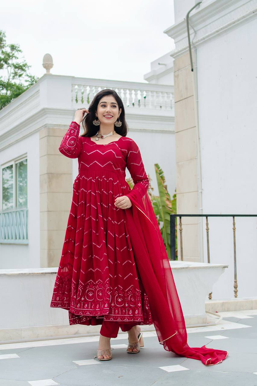 Red Color Partywear Premium Designer Anarkali Set