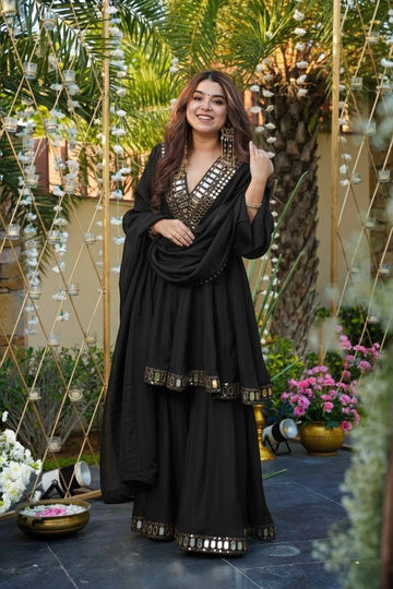 Black Cosmos Gold Jari Silk Sharara Set – Designer Collection