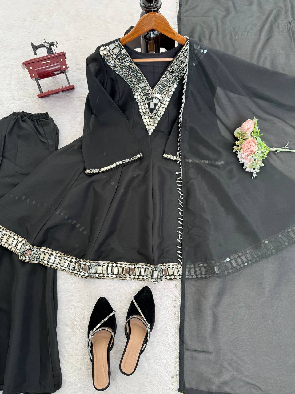 Black Cosmos Gold Jari Silk Sharara Set – Designer Collection