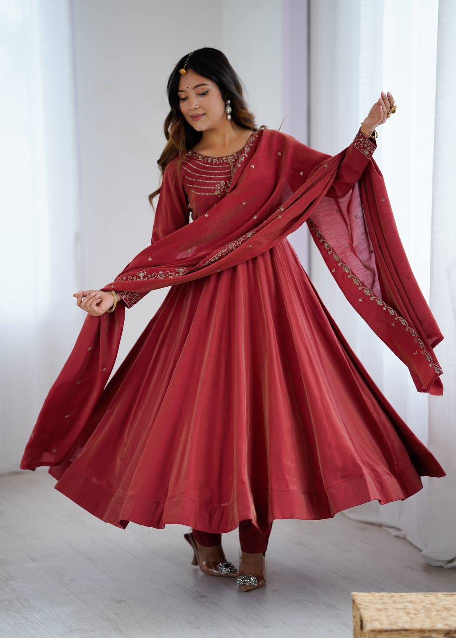 Premium Roman Shimmer Chanderi Silk Anarkali Set