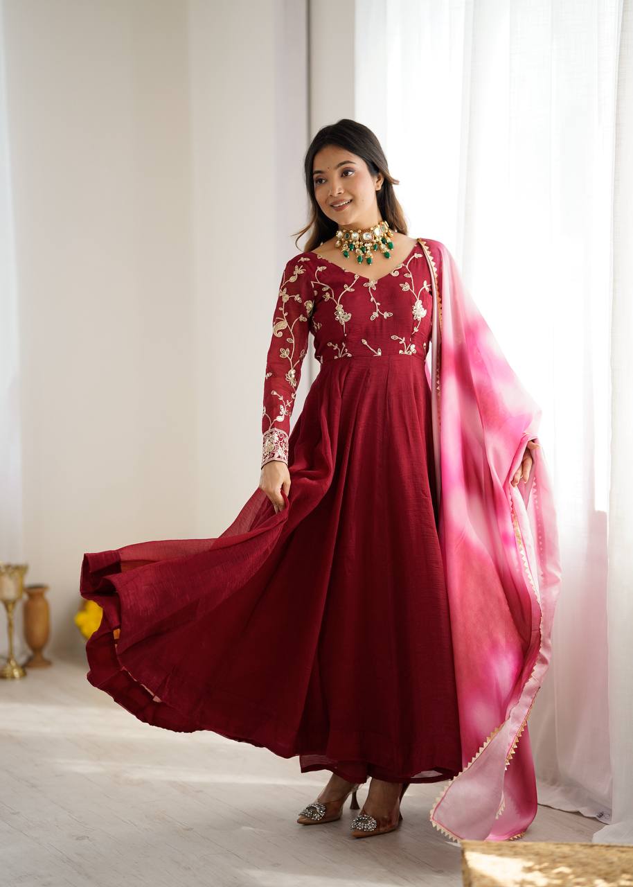 New Designer Premium Heavy Crunchy Silk with Embroidery & Sequence Work Anarkali Gown