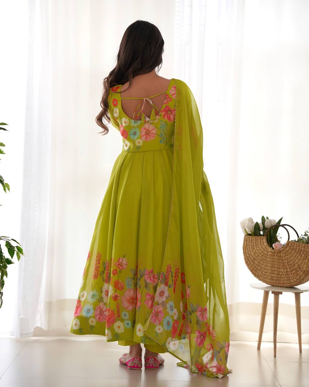 Green Premium Designer Pure Soft Organza Silk Print Anarkali Suit