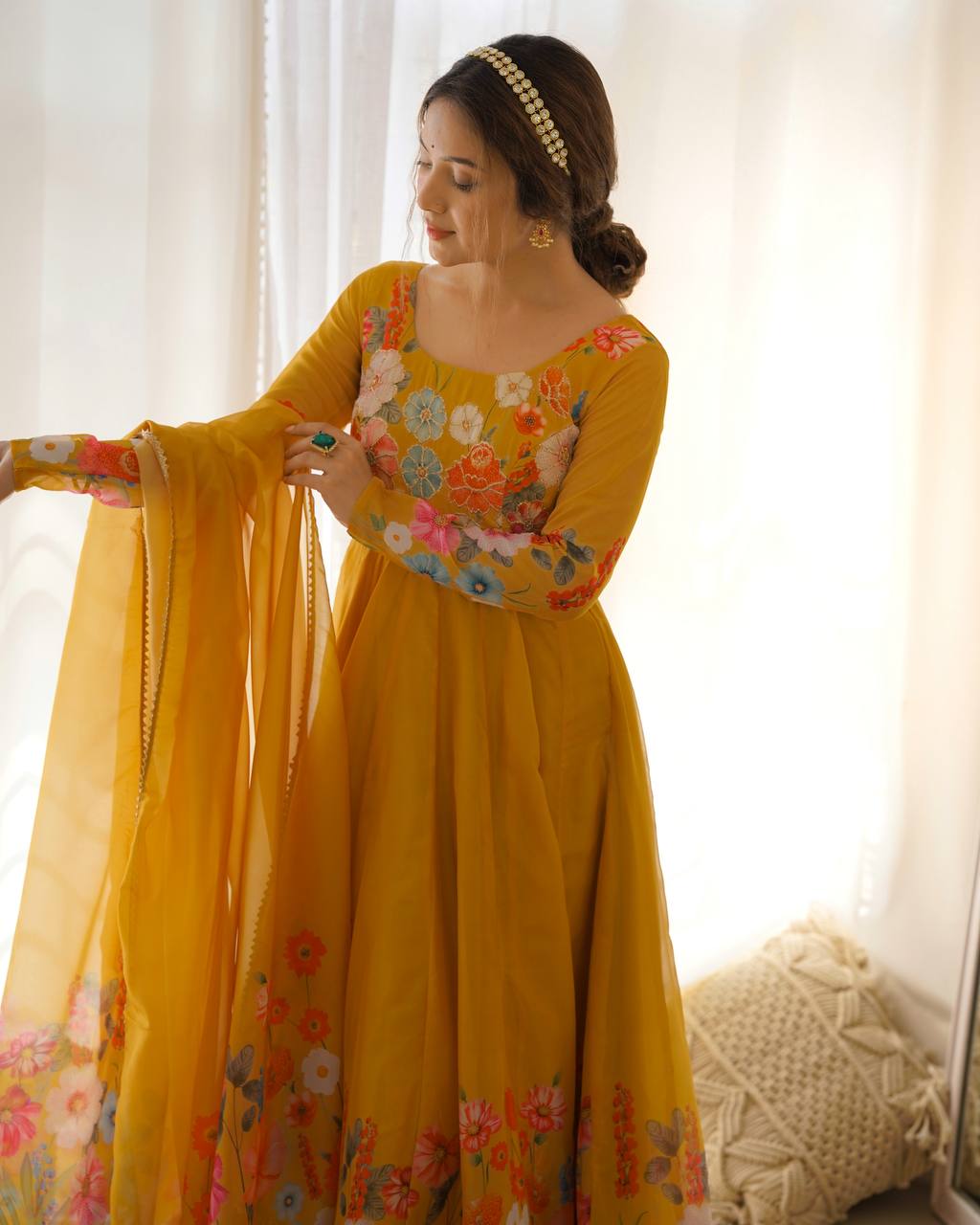 Yellow  Premium Designer Pure Soft Organza Silk Print Anarkali Suit