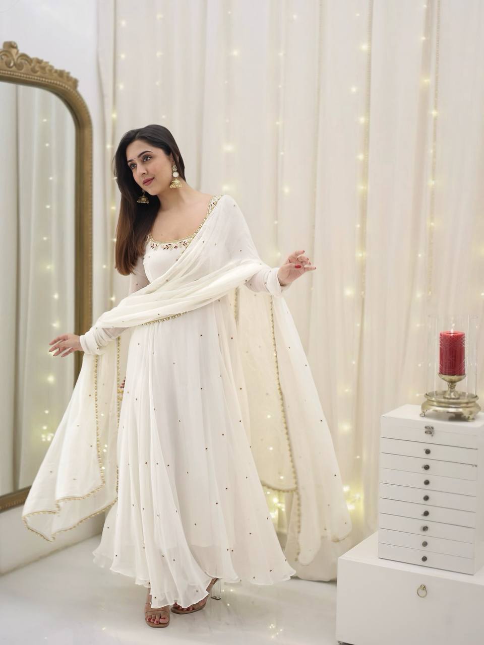 White Anarkali Set With Dupatta