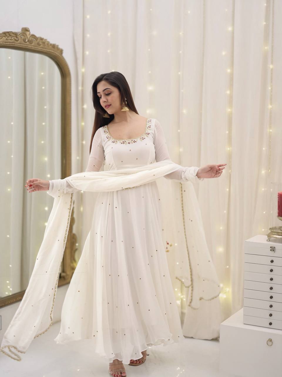White Anarkali Set With Dupatta