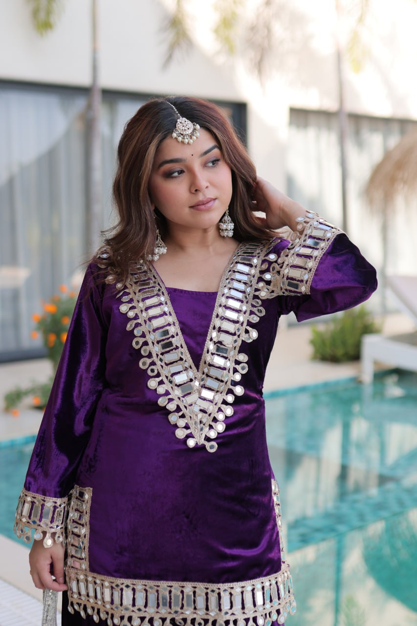 Shakira Luxury Blue & Purple Velvet Sharara Set with Zari & Mirror Work