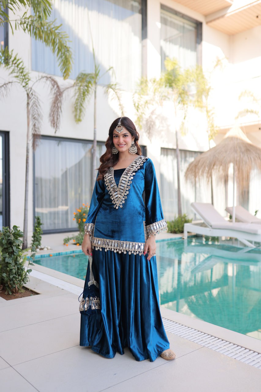 Shakira Luxury Blue & Purple Velvet Sharara Set with Zari & Mirror Work