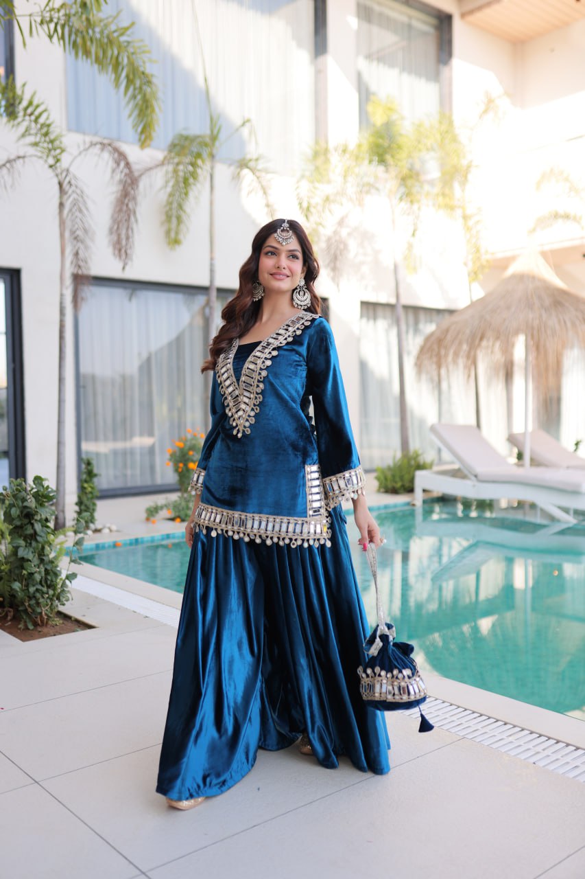Shakira Luxury Blue & Purple Velvet Sharara Set with Zari & Mirror Work