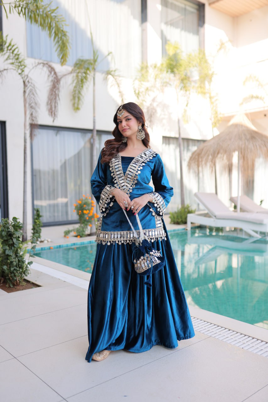 Shakira Luxury Blue & Purple Velvet Sharara Set with Zari & Mirror Work