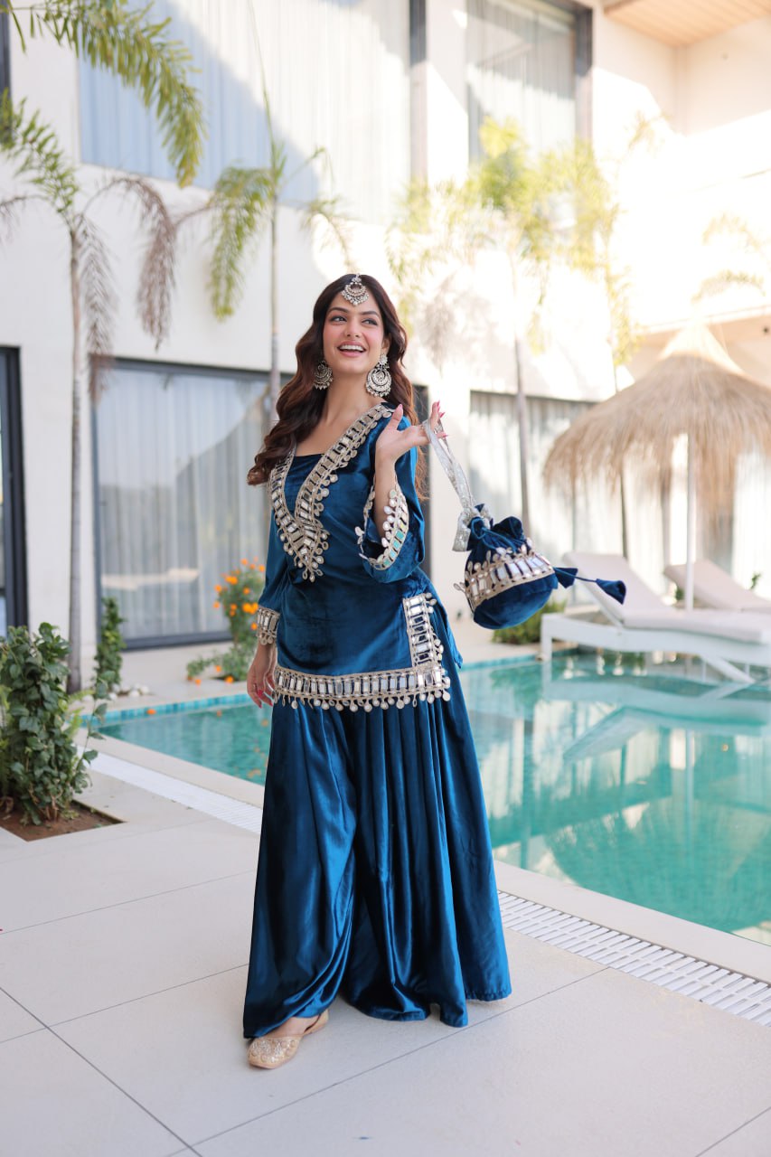 Shakira Luxury Blue & Purple Velvet Sharara Set with Zari & Mirror Work