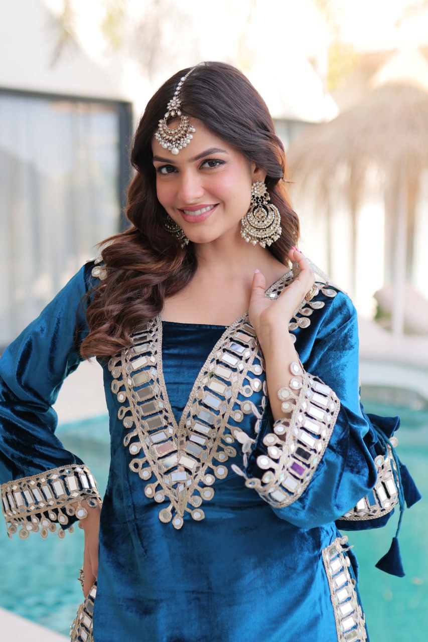 Shakira Luxury Blue & Purple Velvet Sharara Set with Zari & Mirror Work