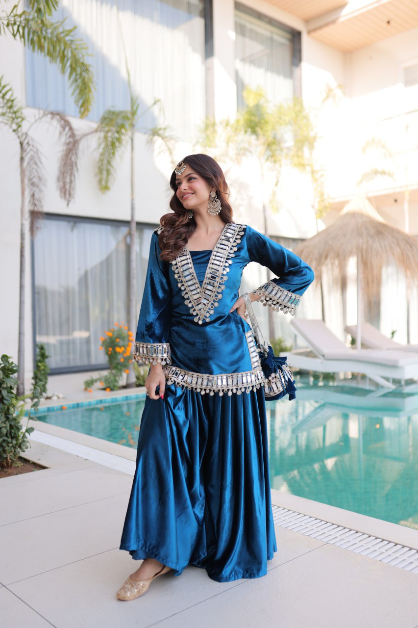 Shakira Luxury Blue & Purple Velvet Sharara Set with Zari & Mirror Work
