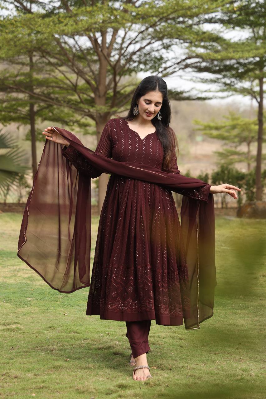 Brown Designer  Georgette Premium Anarkali Suit Set