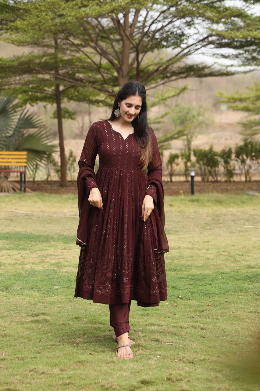 Brown Designer  Georgette Premium Anarkali Suit Set