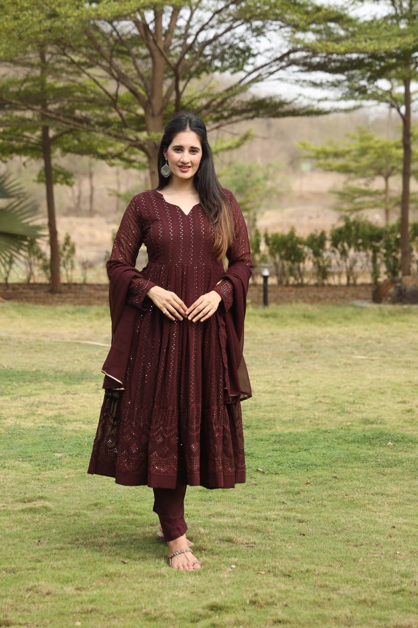 Brown Designer  Georgette Premium Anarkali Suit Set