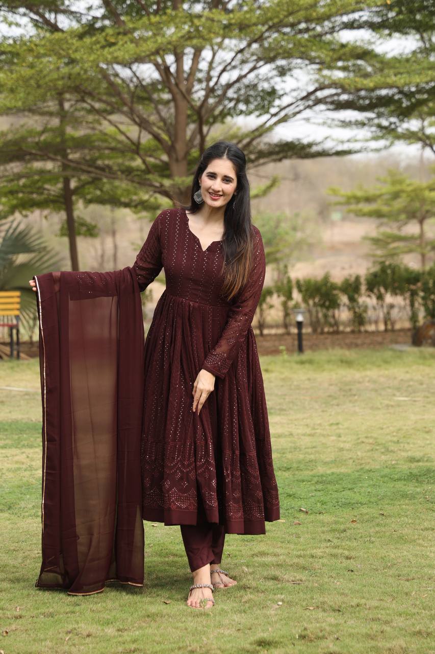 Brown Designer  Georgette Premium Anarkali Suit Set