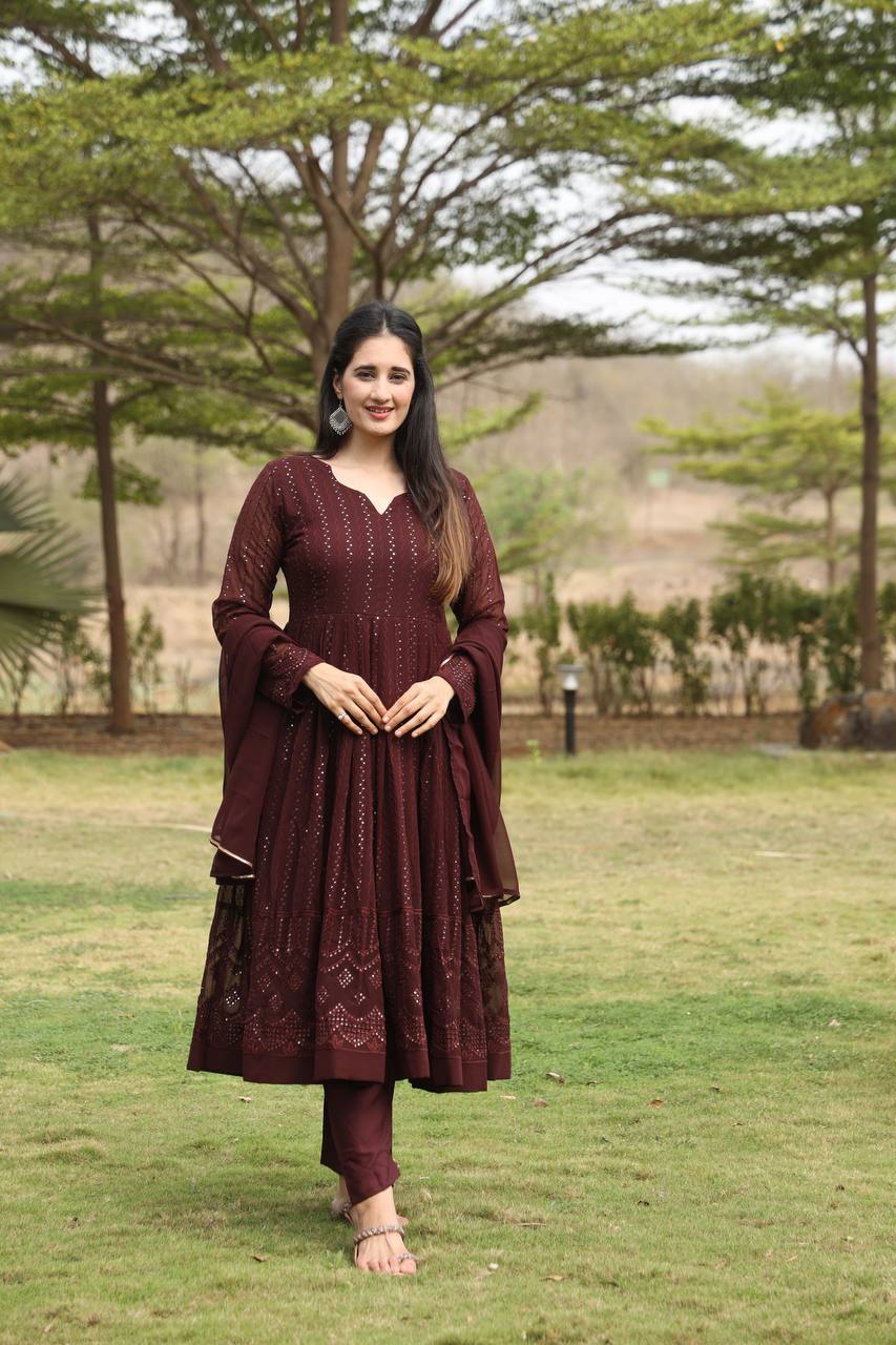 Brown Designer  Georgette Premium Anarkali Suit Set