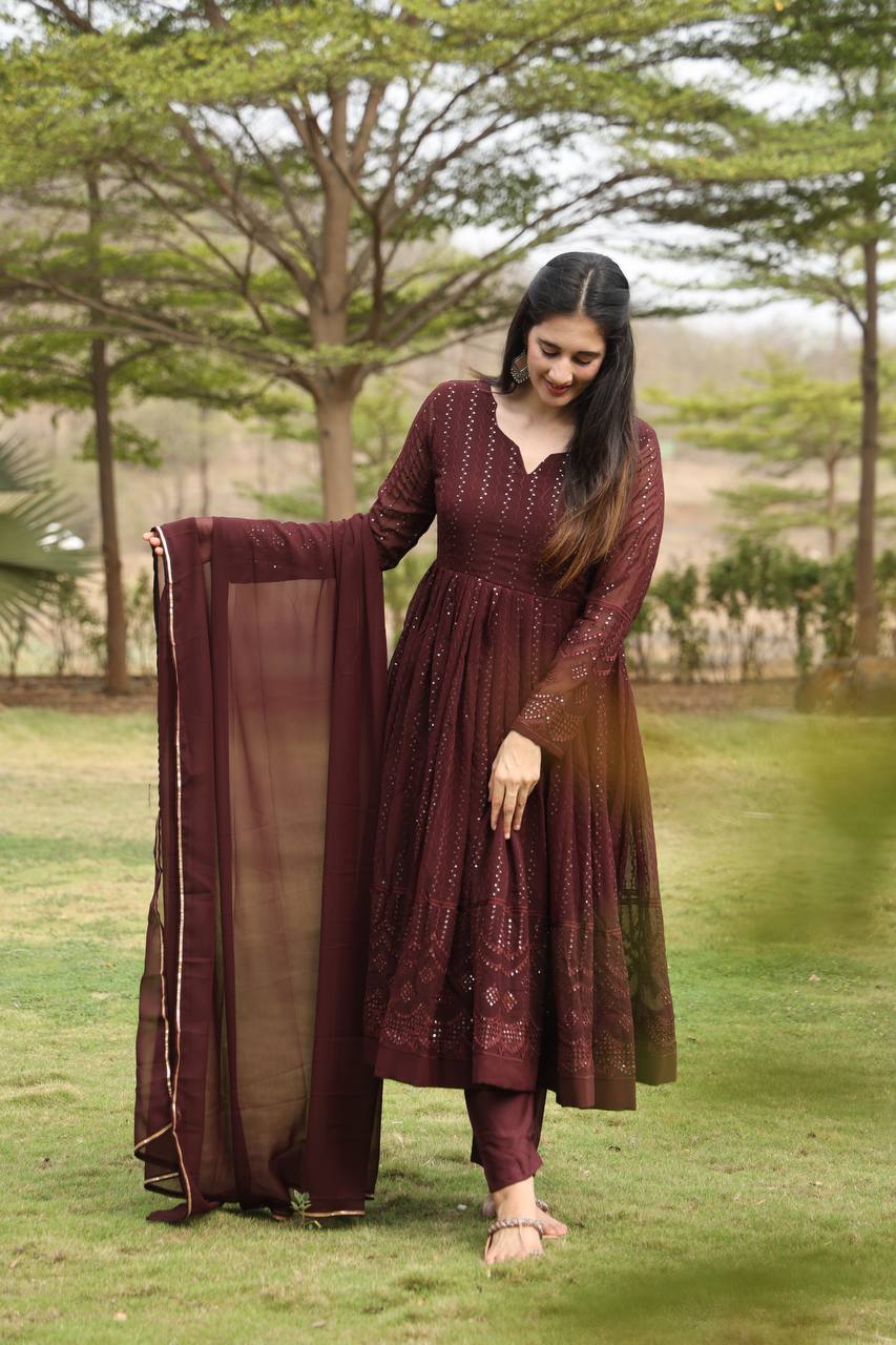Brown Designer  Georgette Premium Anarkali Suit Set