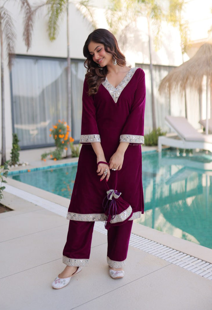 Premium Velvet Zari Mirror Work Top Pant Set with Potli Bag(Batwa)