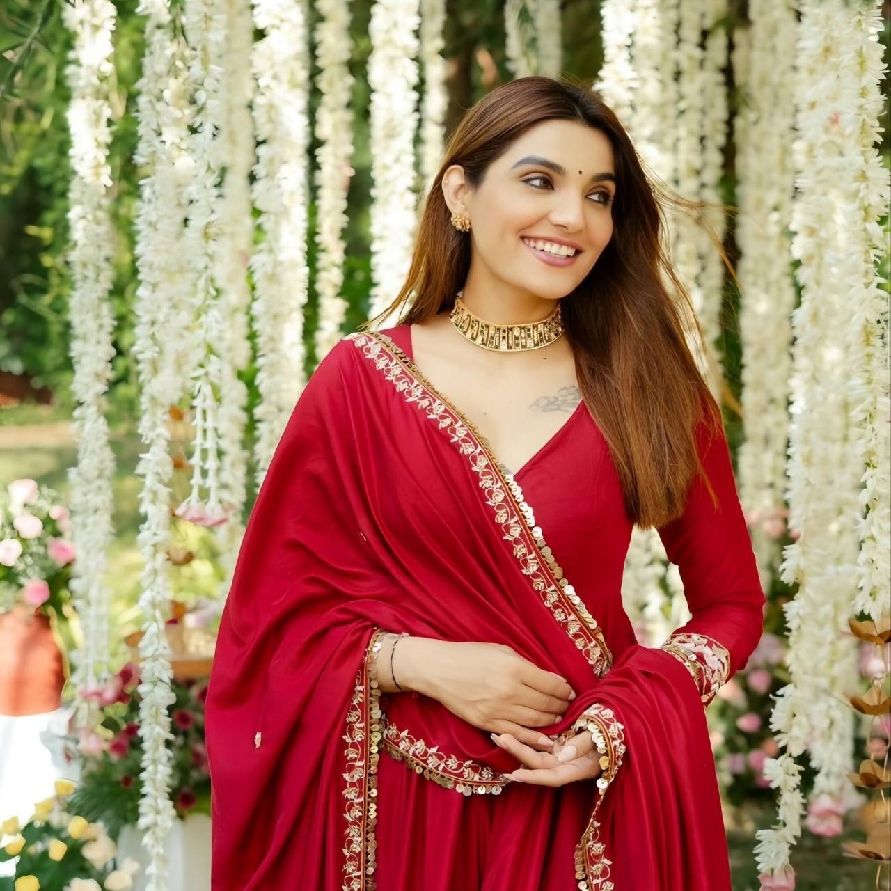 Red Designer Partywear Roman Silk with Heavy Multi Embroidered Sequins And Thread Work Anarkali Kurta Set