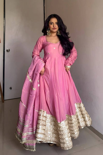 Pink Color Partywear Vichitra Silk Designer Anarkali Gown