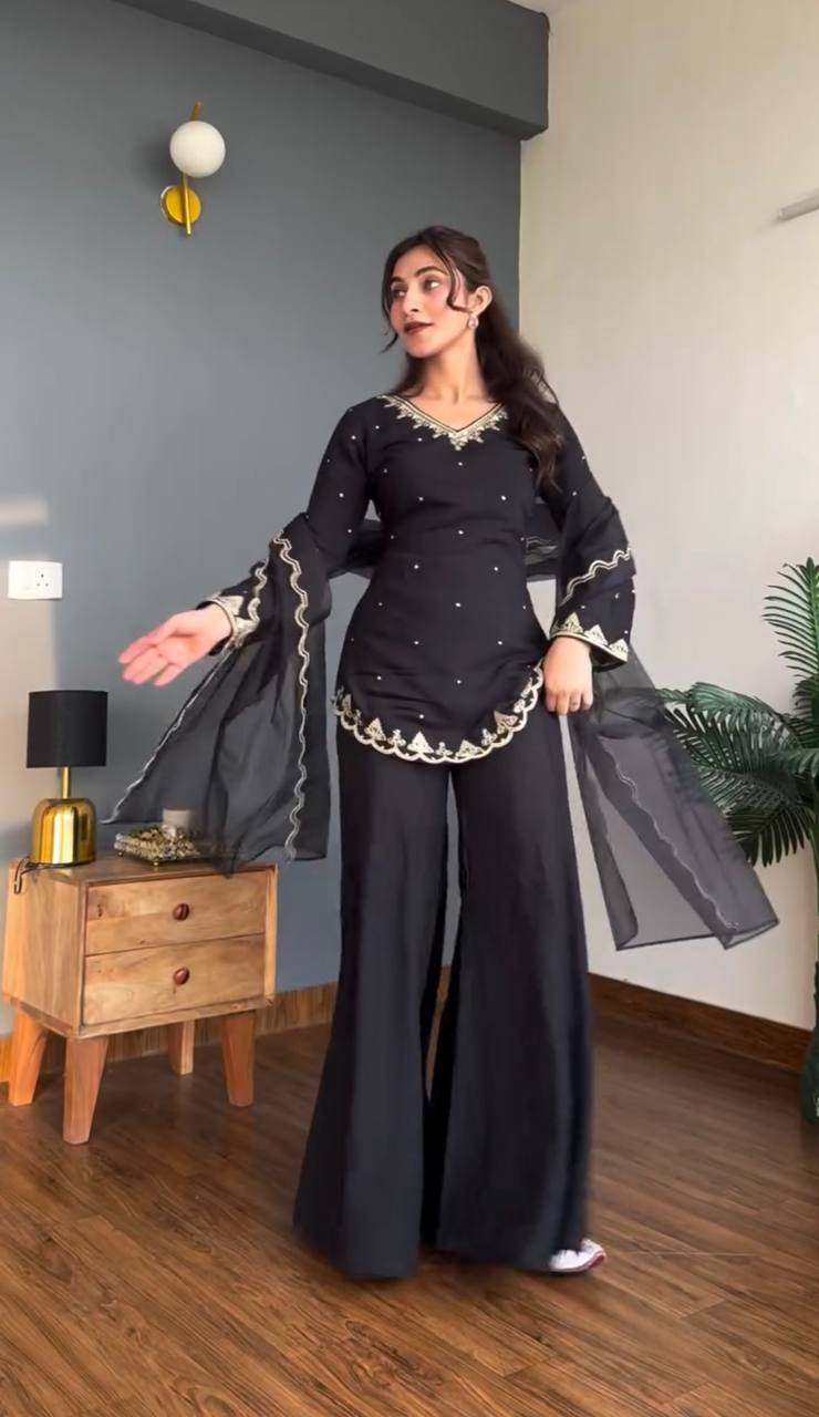 Heavy Embroidered Crepe Silk Top Sharara Plazzo Set with Organza Dupatta