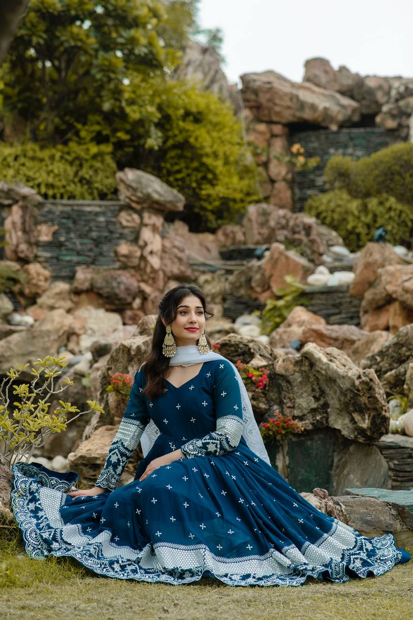 Blue Color Premium Designer Anarkali Kurta With Pant Set