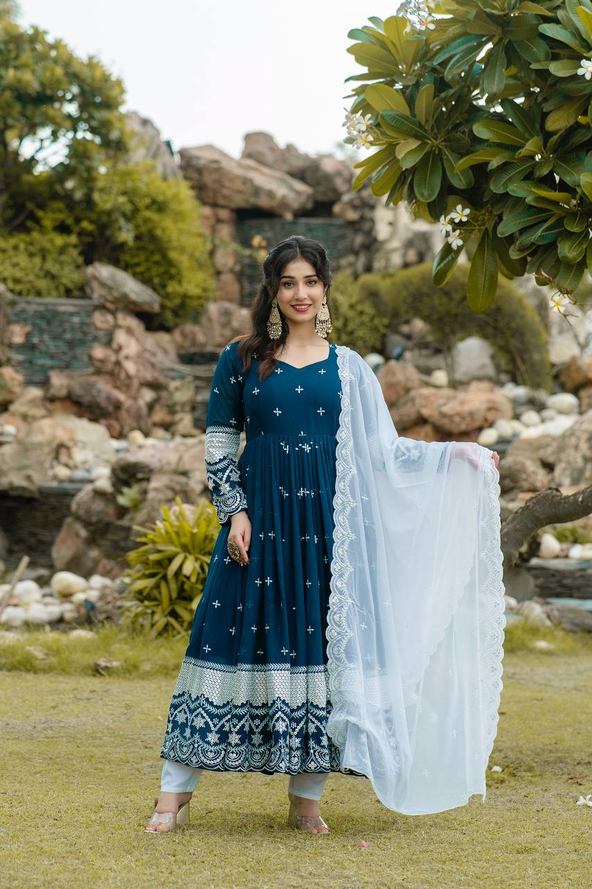 Blue Color Premium Designer Anarkali Kurta With Pant Set