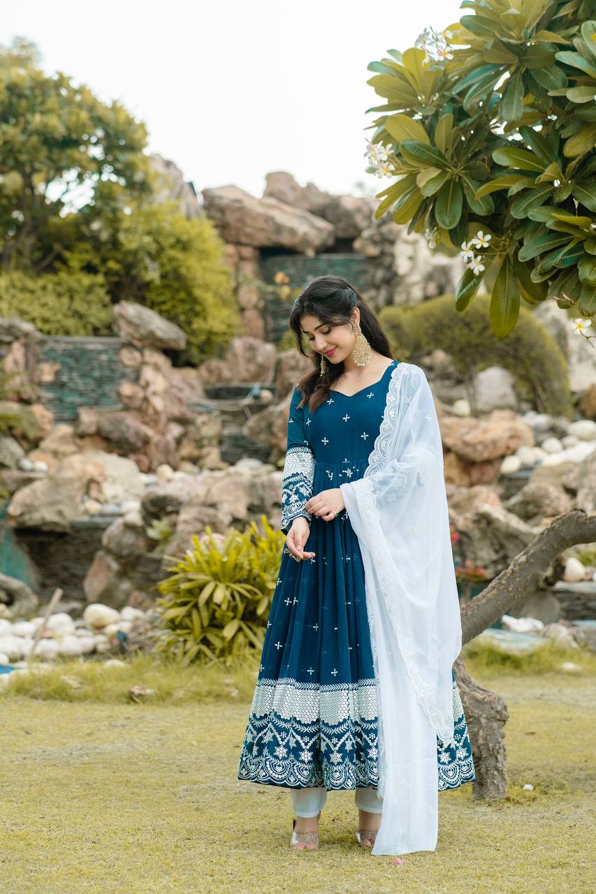 Blue Color Premium Designer Anarkali Kurta With Pant Set