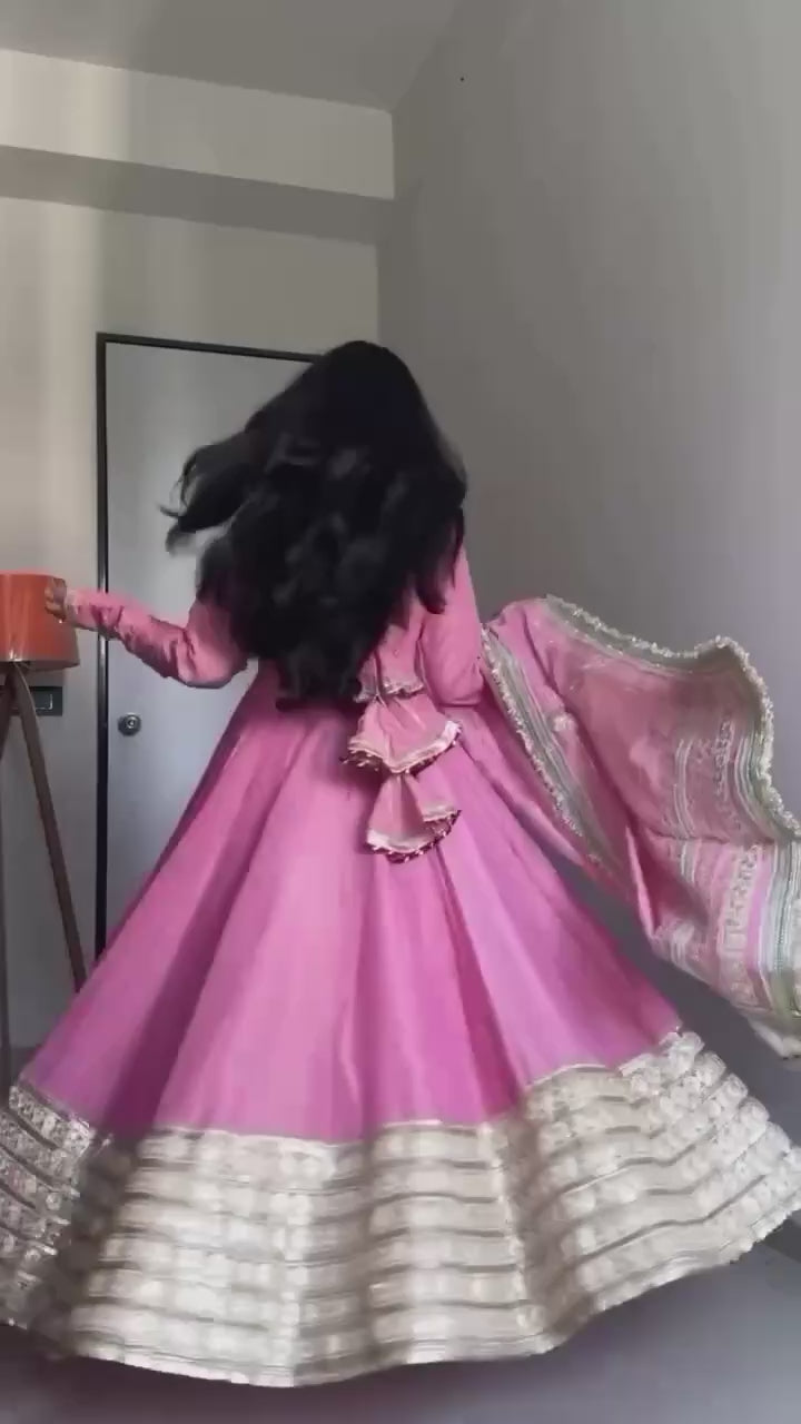 Pink Color Partywear Vichitra Silk Designer Anarkali Gown